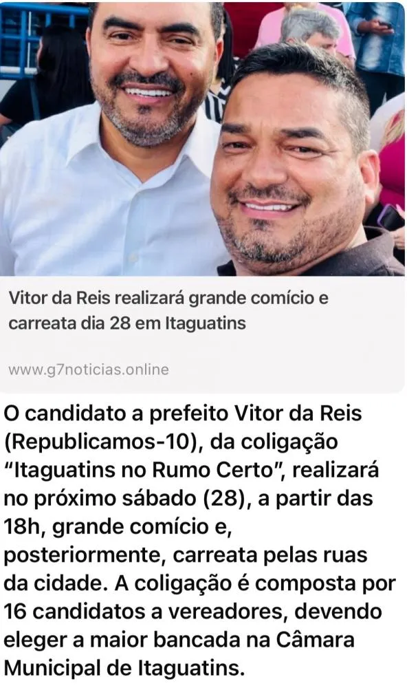 Vitor Reis realizarar o maior comício da história de itaguantins 