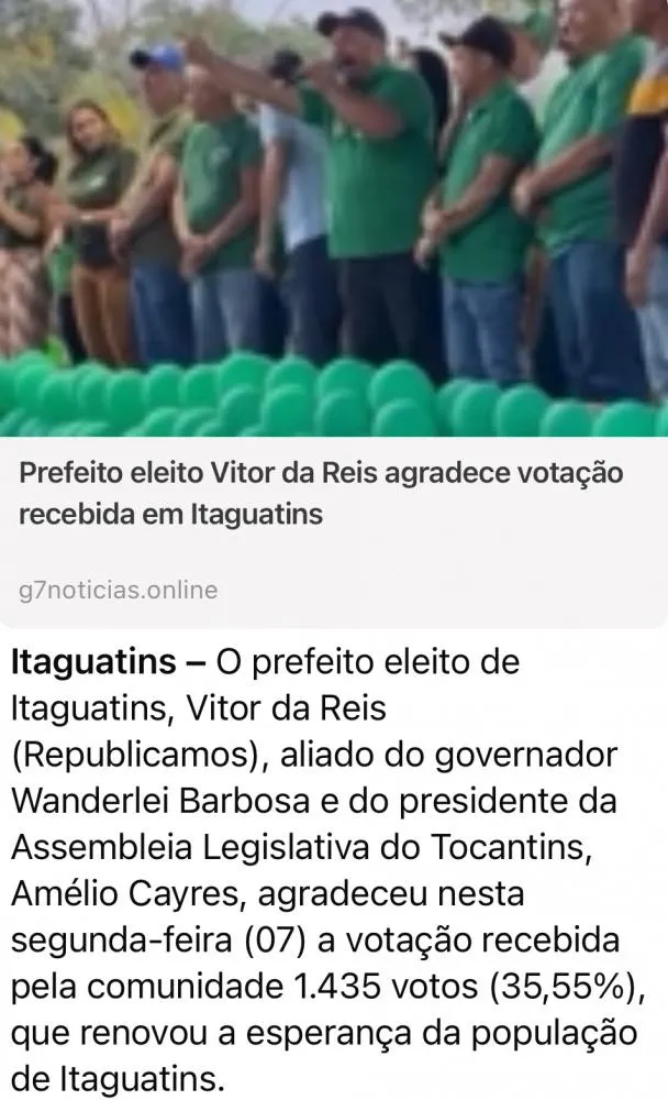 O Novo prefeito de Itaguatins agradece a toda população pelos os 1435 votos.