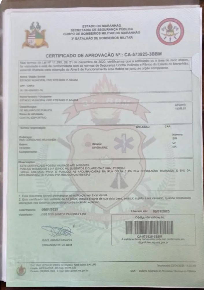 CORPO DE BOMBEIROS LIBERA ESTÁDIO MUNICIPAL EM IMPERATRIZ