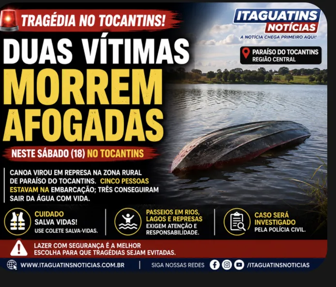 Tragédia no Tocantins: duas vítimas morrem afogadas após canoa virar em represa na zona rural de Paraíso
